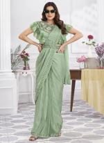 Shimmer Georgette Pista Green Party Wear Embroidery Work Ready To Wear Saree